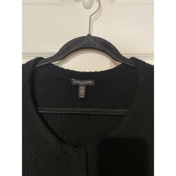 Eileen Fisher Black Full Zip Knit Yak Wool Leather Trim Sweater Size: 2X - Picture 3 of 9
